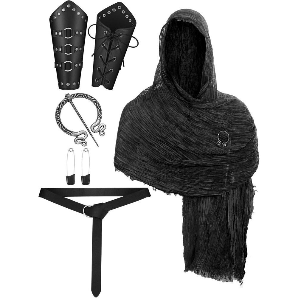 Medieval Costume Set 7Pcs Hooded Shawl Leather Armor Viking Brooch Belt